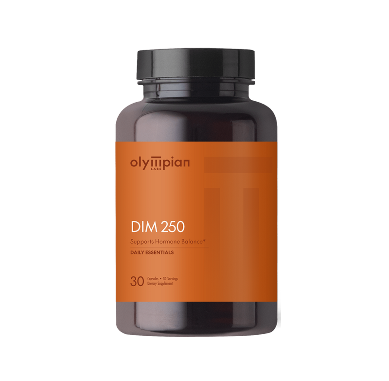 Supplement bottle labeled 'DIM 250' by Olympian on an orange label with a white background.