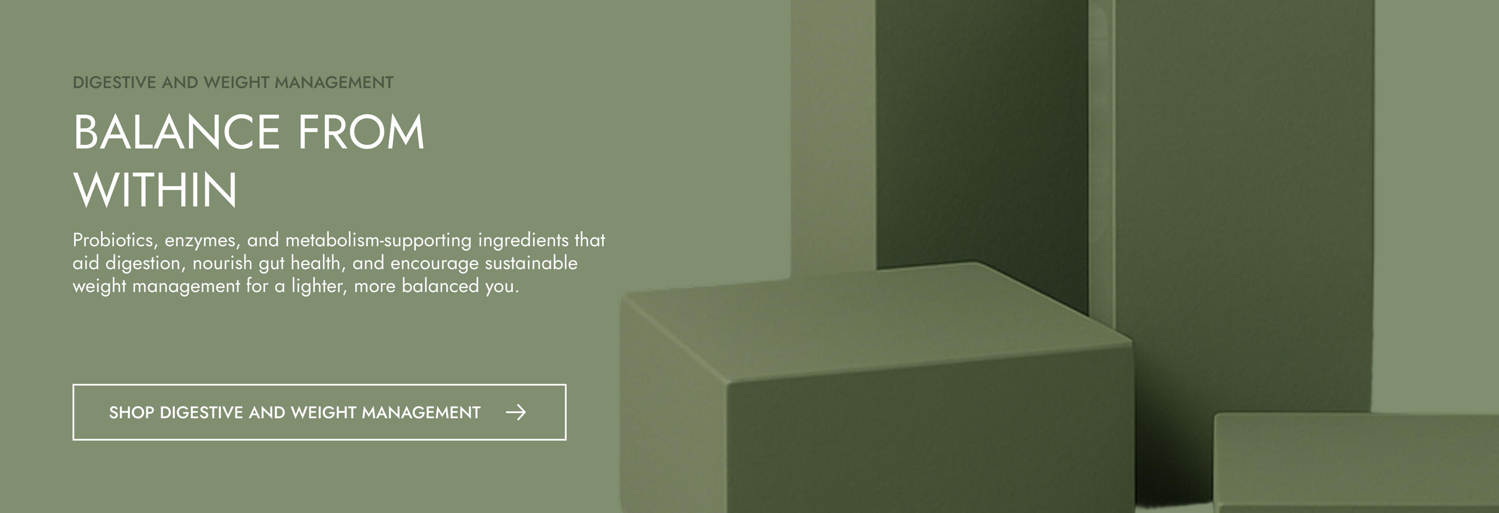 Green banner with text about digestive and weight management products, featuring geometric shapes.
