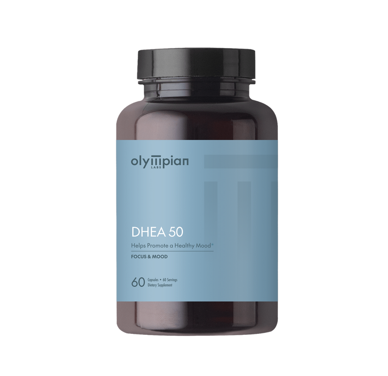 Tall brown supplement bottle with blue label on a white background