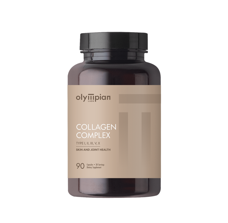Olympian Collagen Complex supplement bottle on a white background