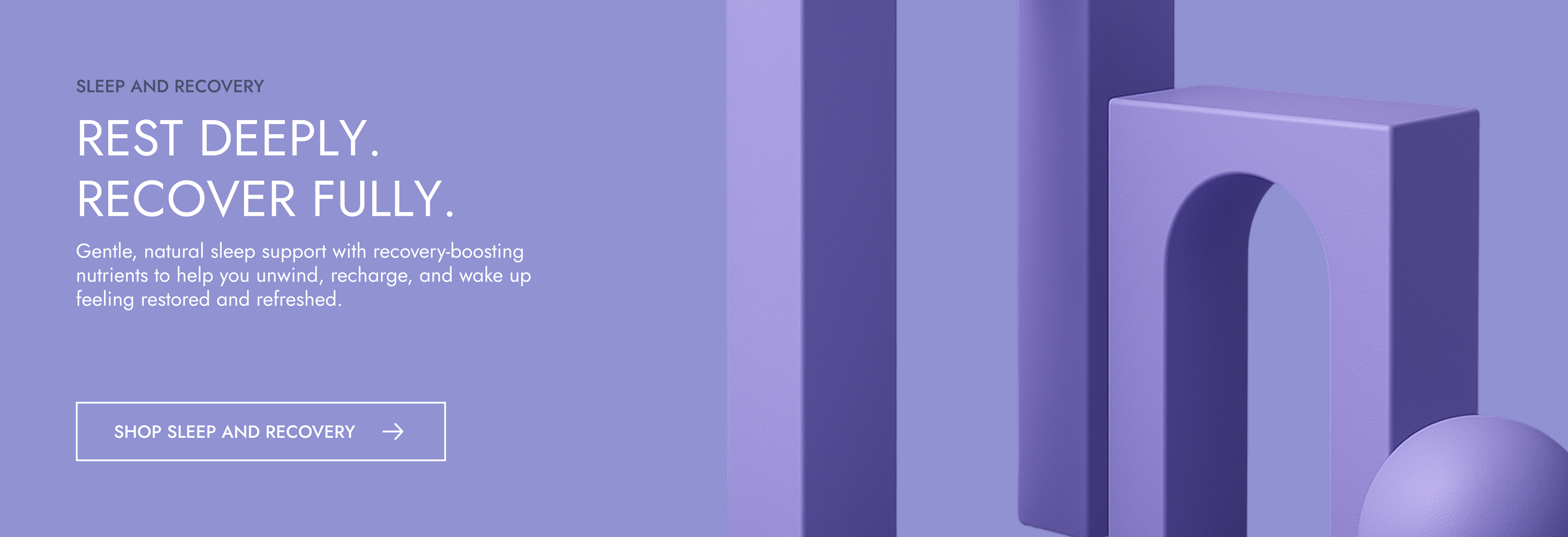 Promotional banner for sleep and recovery products with geometric shapes on a purple background.